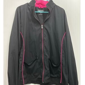 Happy Scrubs Zip-Up Utility Jacket Black Pink Trim Size XL Medical Workwear